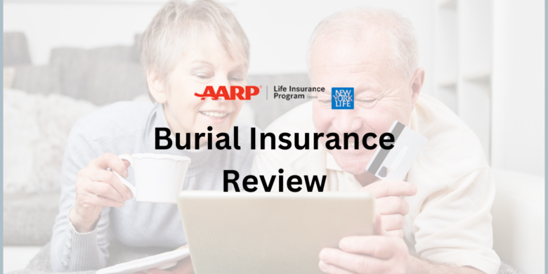 Elderly couple reviewing AARP Burial Insurance details on a tablet.